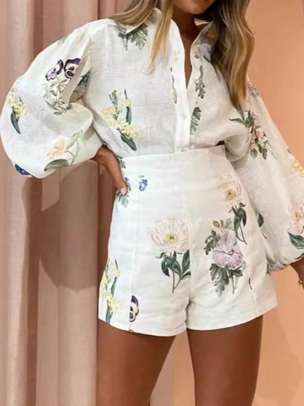 Beige Elegant Women's Floral Print Suit